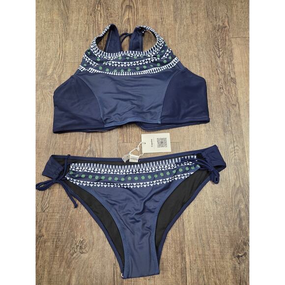 Cupshe Other - Cupshe NWT Navy Blue Green White Halter Top Corset Back Bikini Swim Set XL Suit